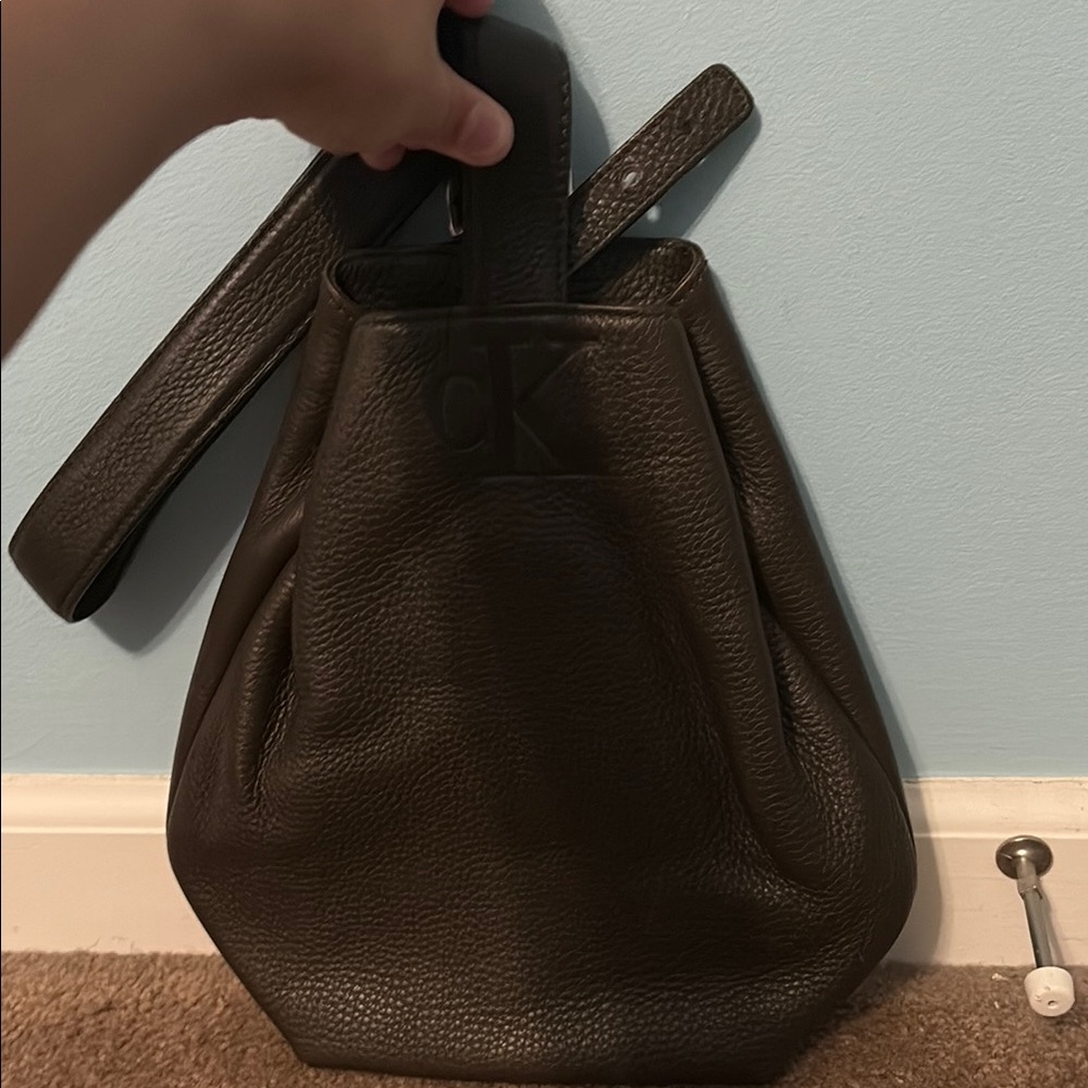 Calvin Klein Brown Leather Shoulder Bag with Textured Finish